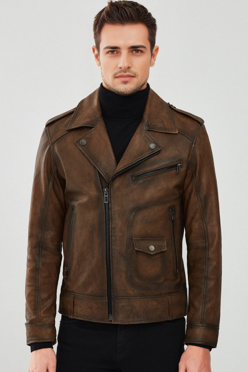 Carter Men's Brown Biker Leather Jacket - Image 4