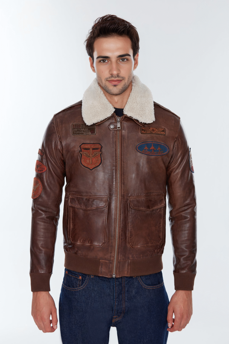 Maverick Men's Brown Fur Collar Pilot Leather Jacket with Emblem - Image 4