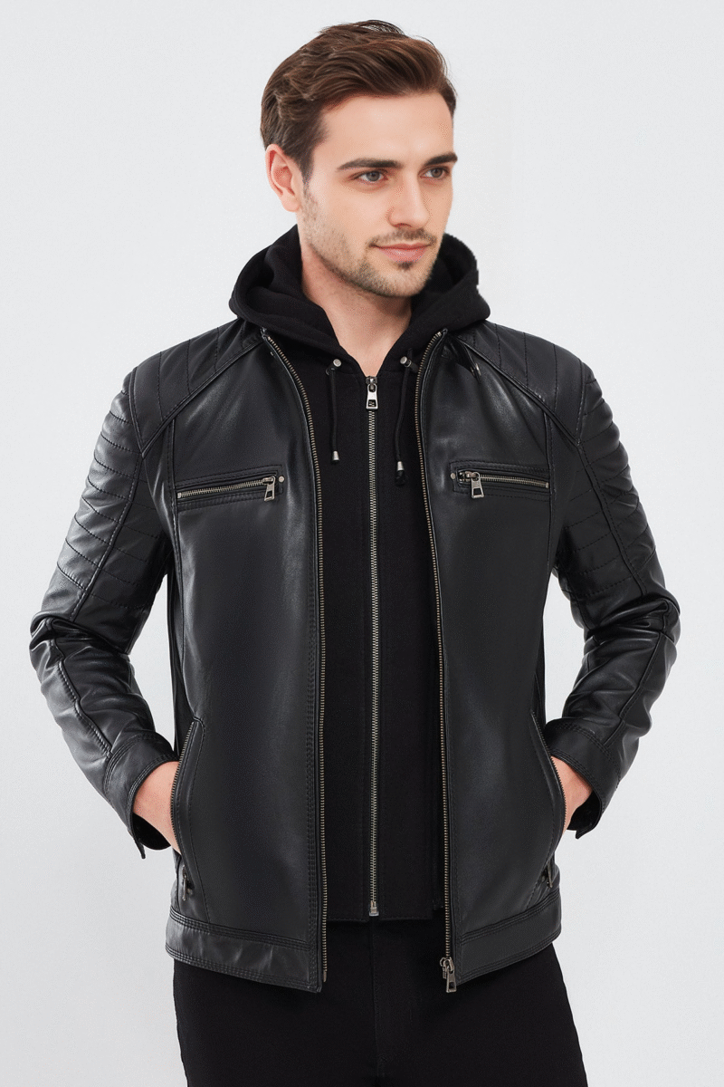 Sergio Men's Black Hooded Sports Leather Jacket - Image 3