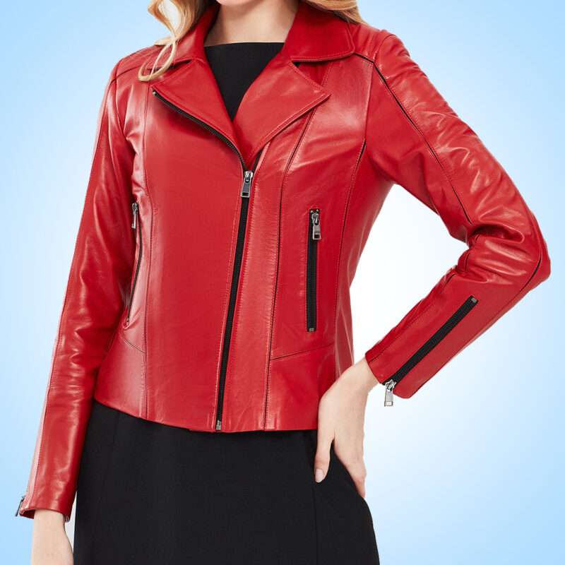 Kiara Women's Red Slim-Fit Biker Leather Jacket - Image 7
