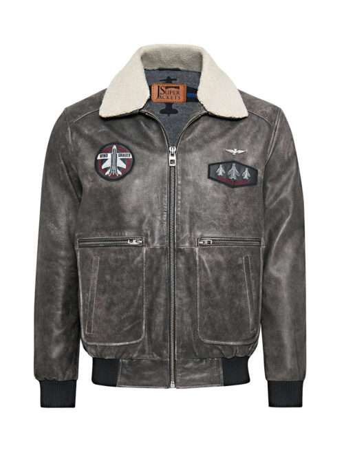 Hurricane Men's Grey Fur Collar Pilot Leather Jacket with Emblem