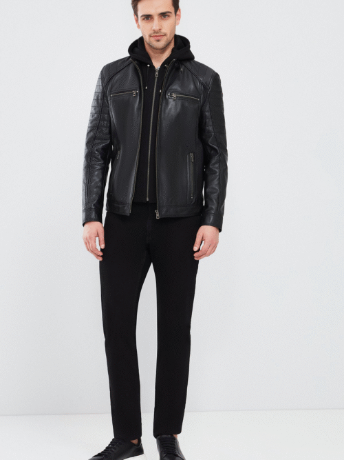 Men's Black Hooded Sports Leather Jacket