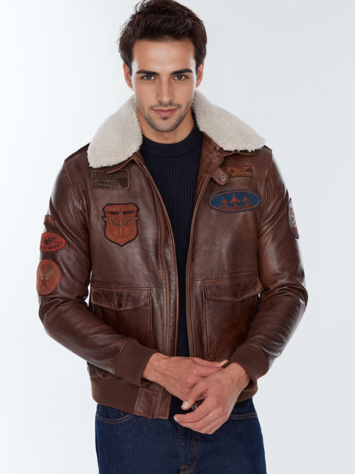 Men's Brown Fur Collar Pilot Leather Jacket with Emblem