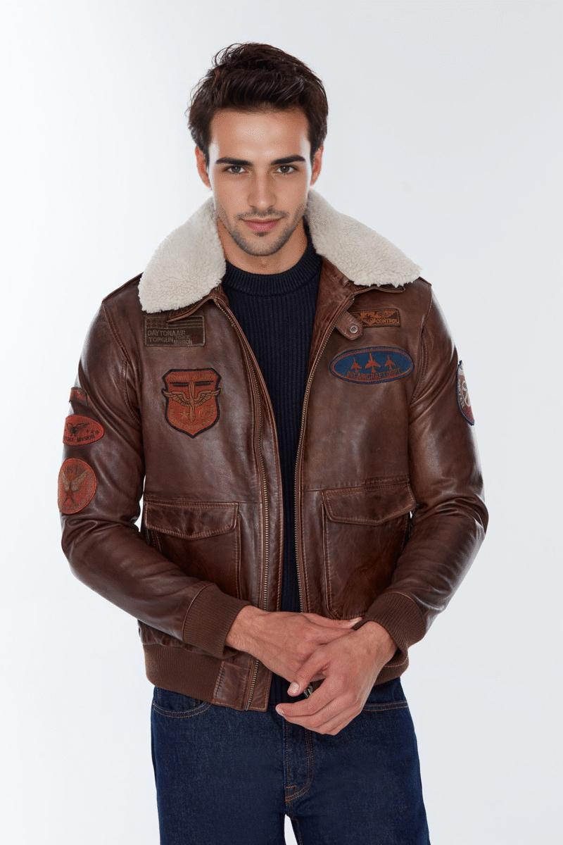 Men's Brown Fur Collar Pilot Leather Jacket with Emblem