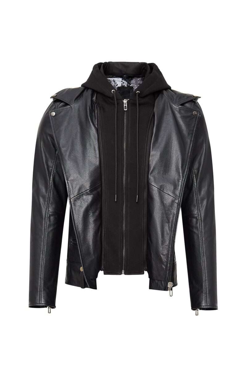 Butler Men's Black Hooded Biker Leather Jacket - Image 3