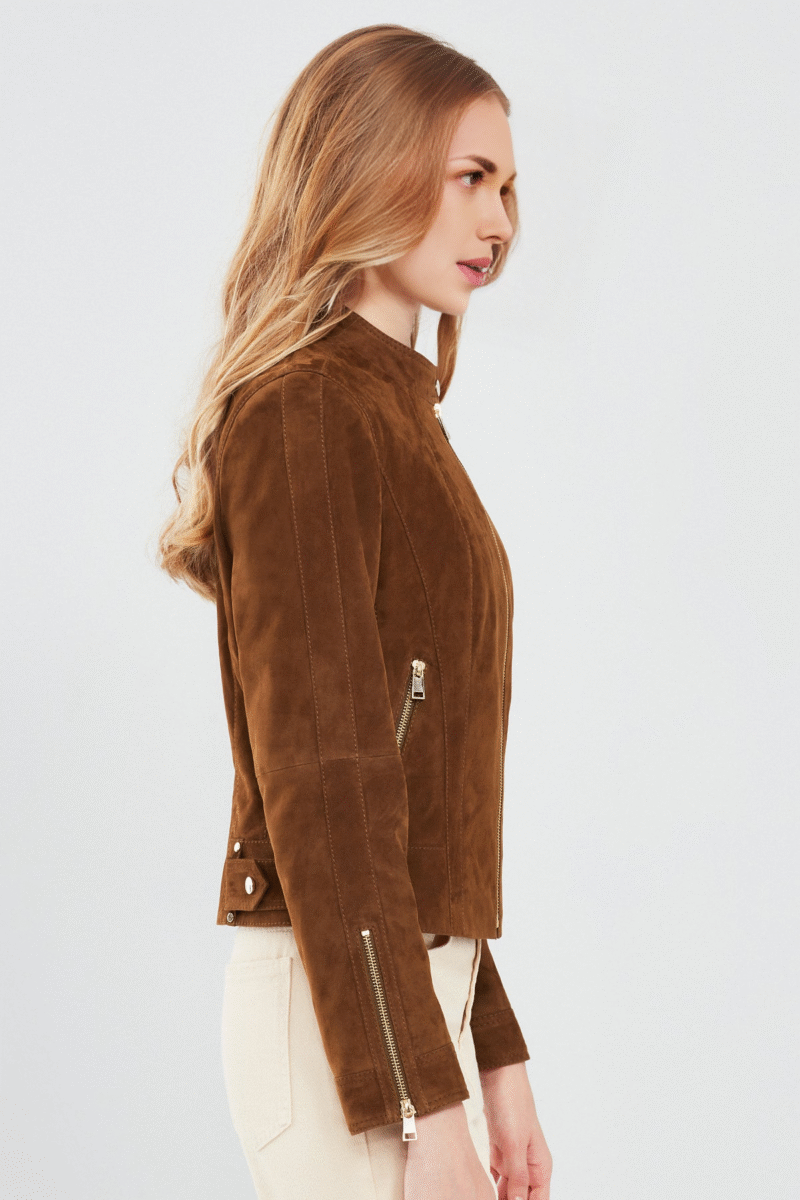 Grace Women's Brown Short Suede Leather Jacket - Image 3