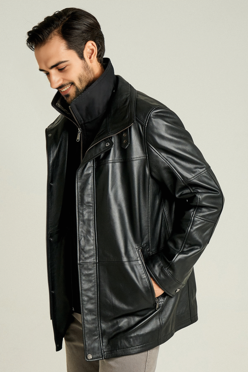 Eduardo Men's Black Double Collar Furry Leather Coat - Image 3