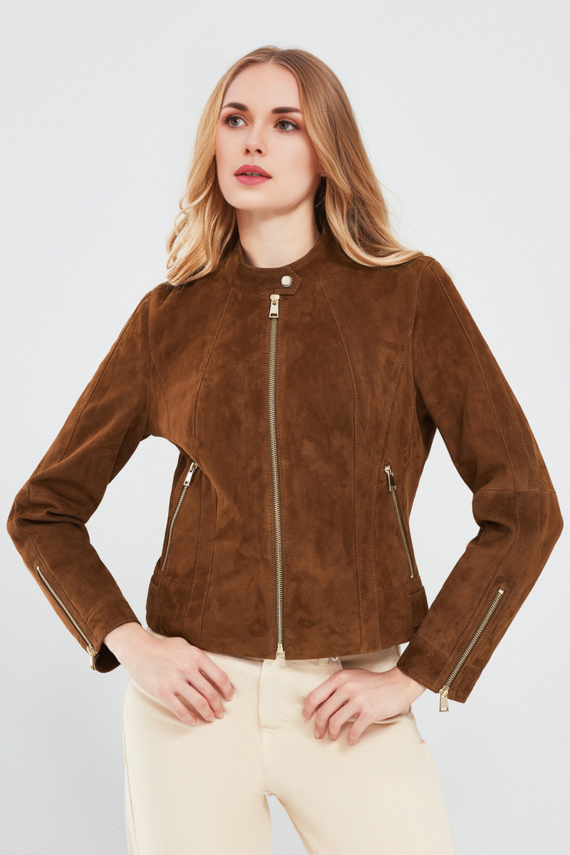 Grace Women's Brown Short Suede Leather Jacket - Image 4