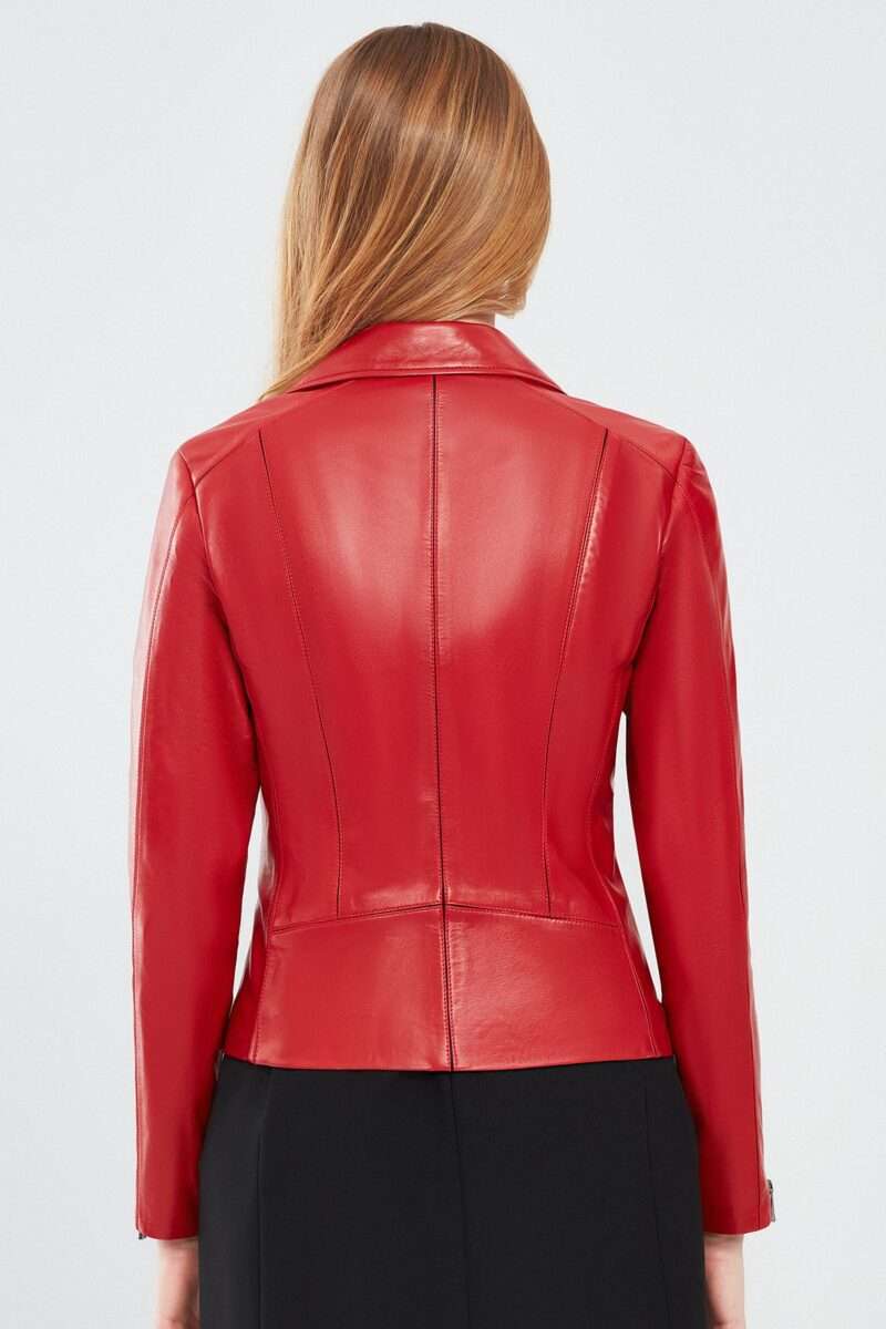Kiara Women's Red Slim-Fit Biker Leather Jacket - Image 3