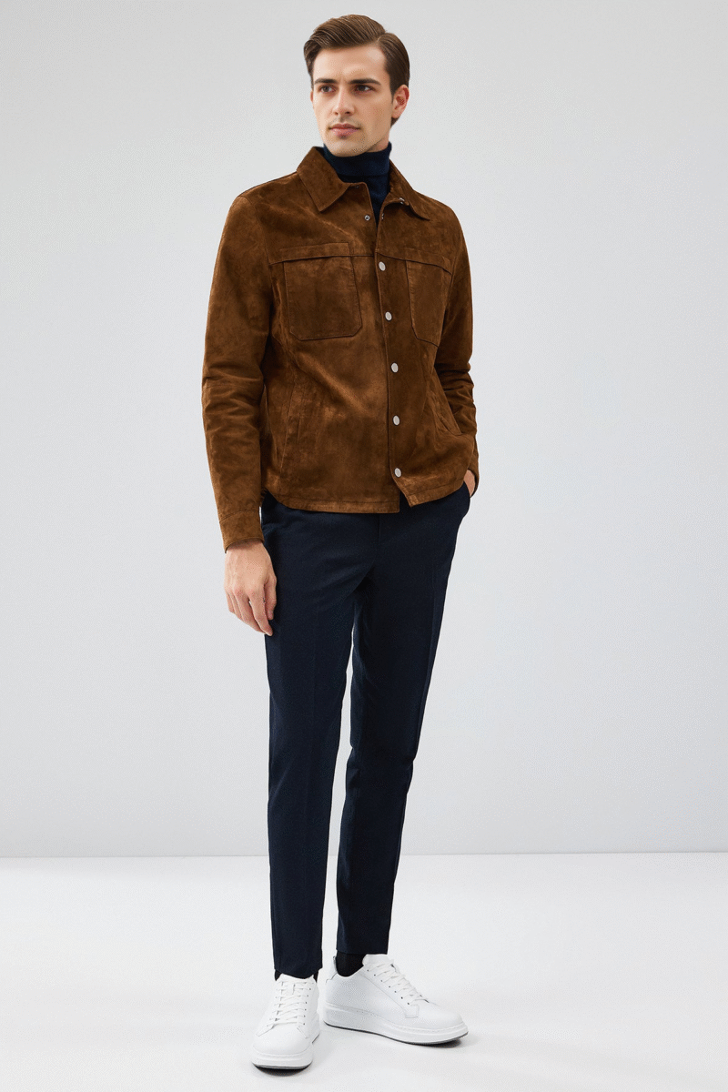 Enzo Men's Brown Shirt Collar Suede Leather Coat - Image 3