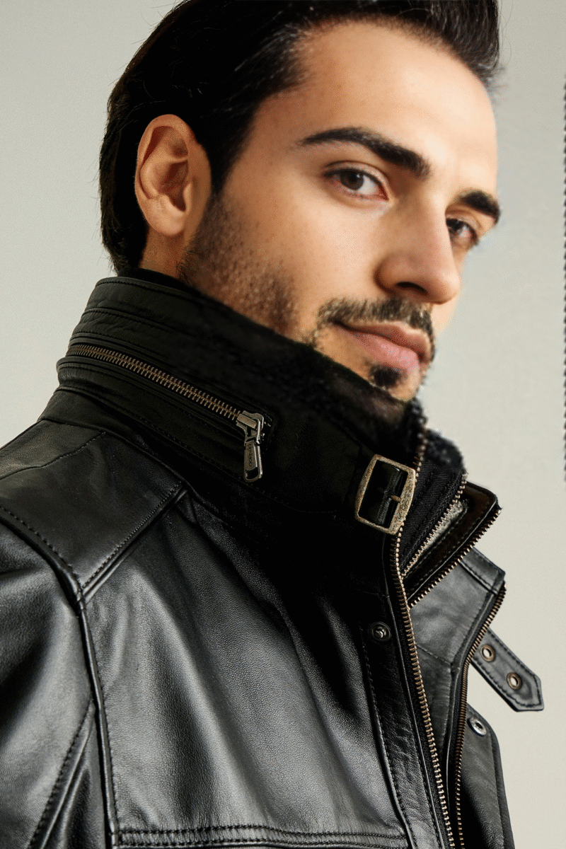 Eduardo Men's Black Double Collar Furry Leather Coat - Image 4