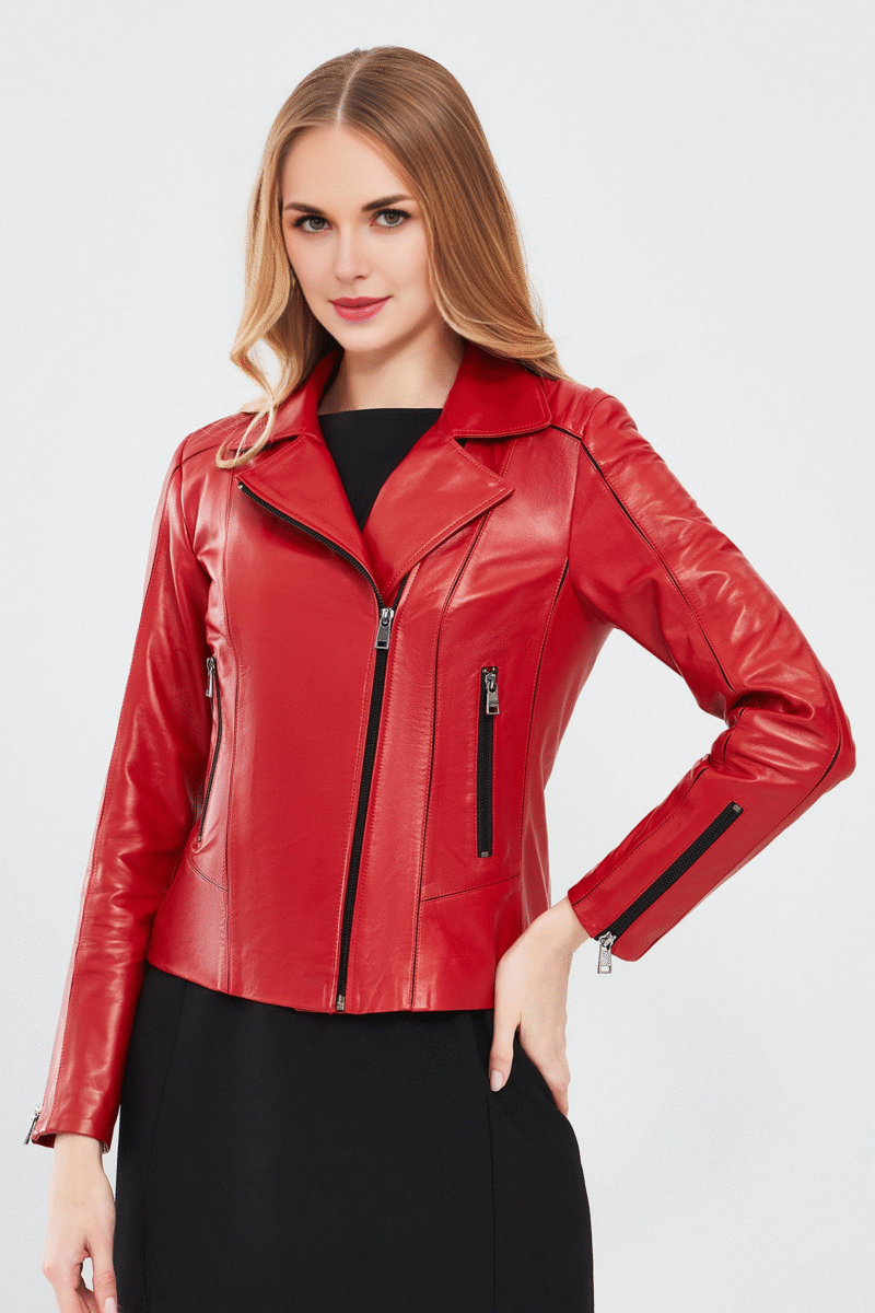 Kiara Women's Red Slim-Fit Biker Leather Jacket - Image 4