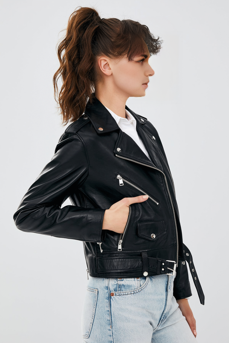 Newage Women's Black Slim-Fit Biker Leather Jacket - Image 5