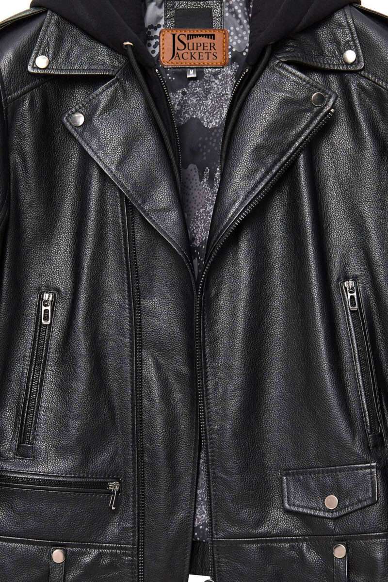 Butler Men's Black Hooded Biker Leather Jacket - Image 6
