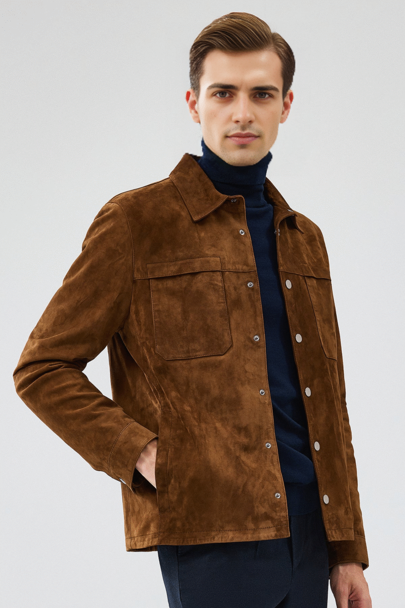 Enzo Men's Brown Shirt Collar Suede Leather Coat - Image 4
