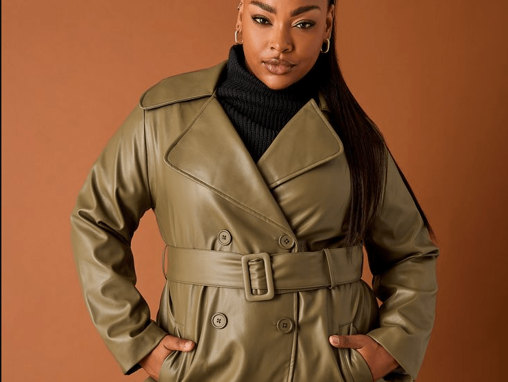 Plus-Size Faux Leather Trench Coat 