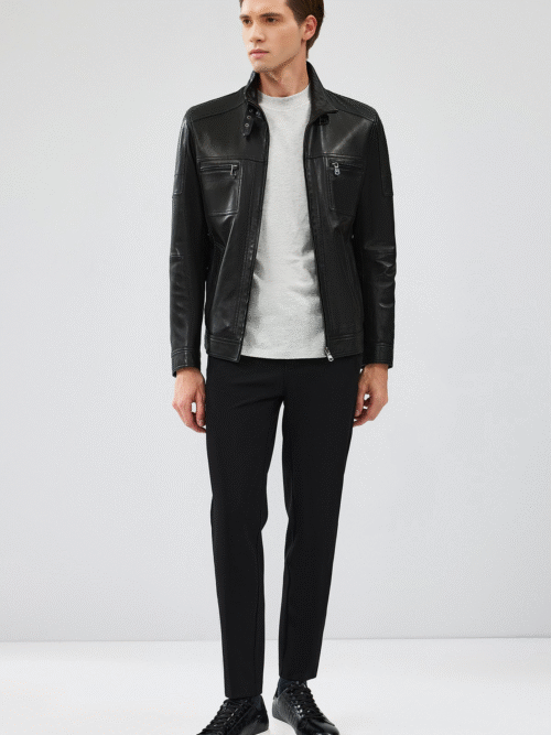 Men's Black Slim-Fit Leather Jacket