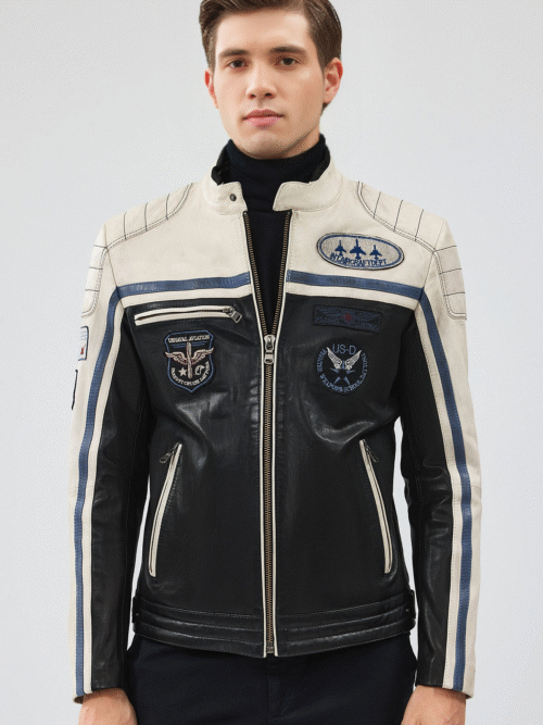 Men's Black Leather Jacket with Emblem