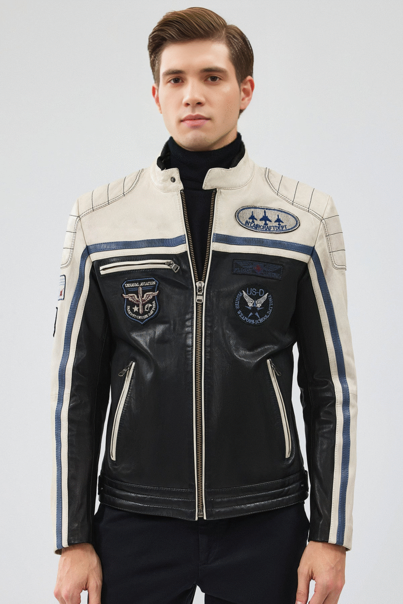 Men's Black Leather Jacket with Emblem