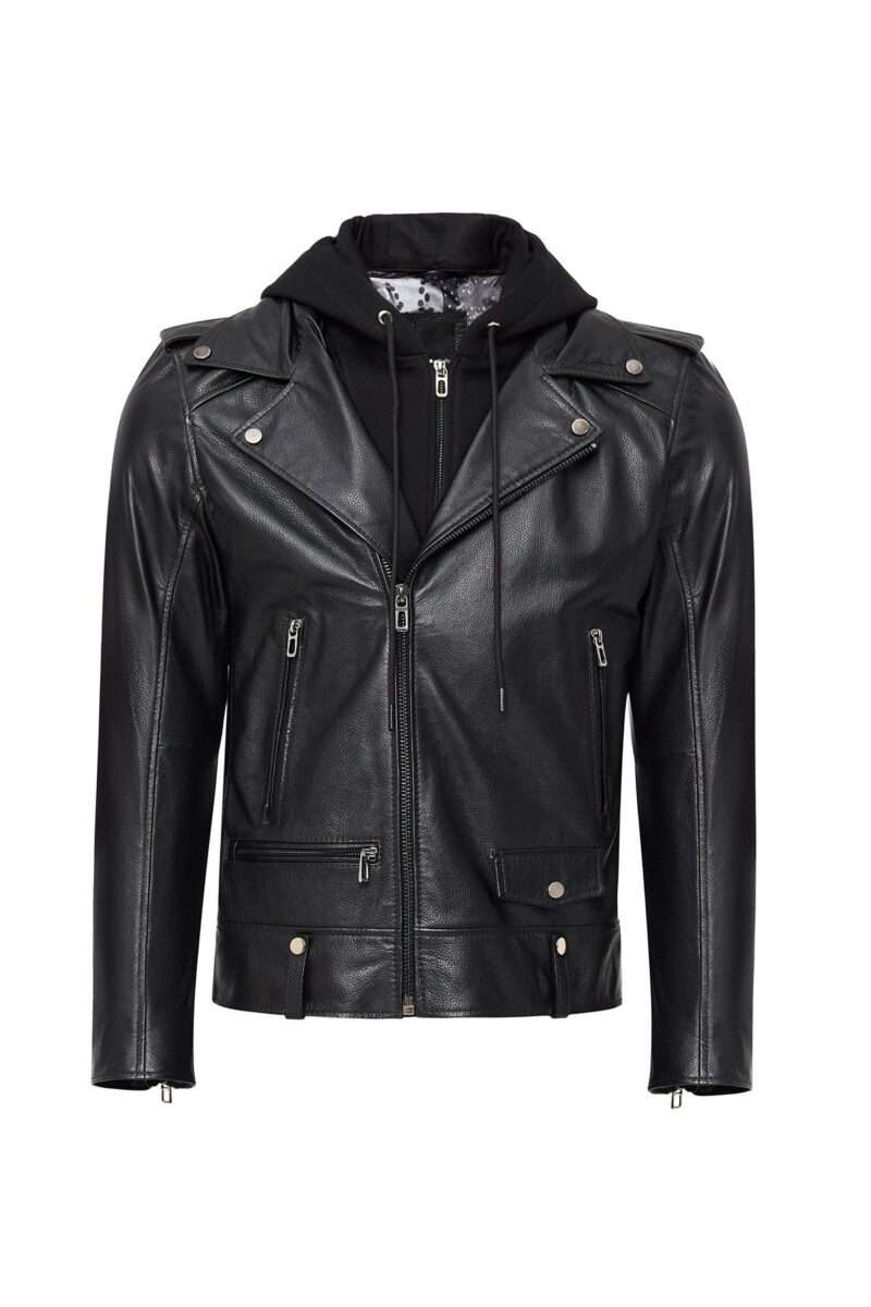 Men's Black Hooded Biker Leather Jacket