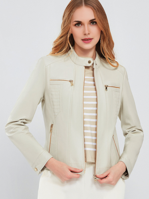 Women's Beige Short Leather Jacket