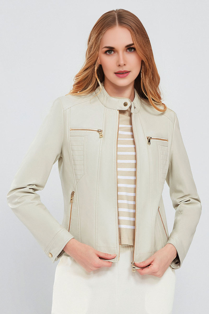 Women's Beige Short Leather Jacket