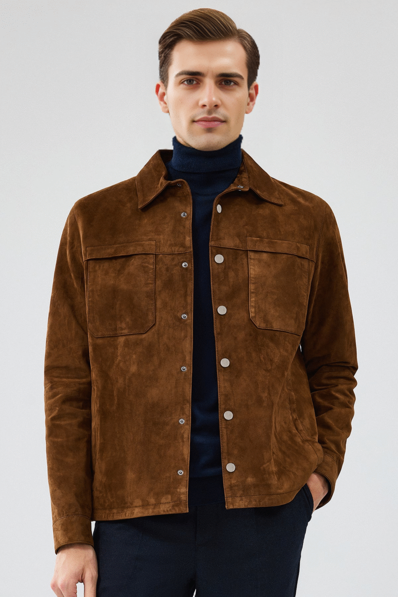Men's Brown Shirt Collar Suede Leather Coat