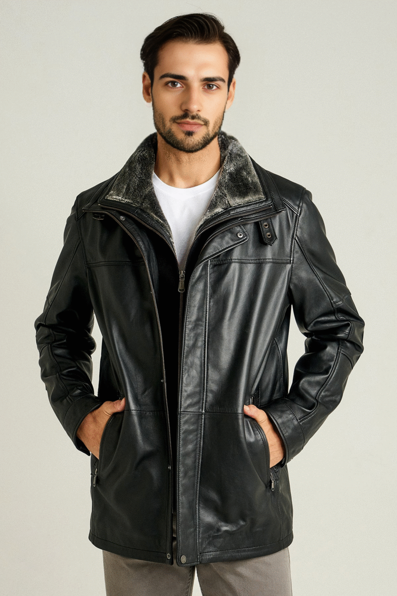 Men's Black Double Collar Furry Leather Coat