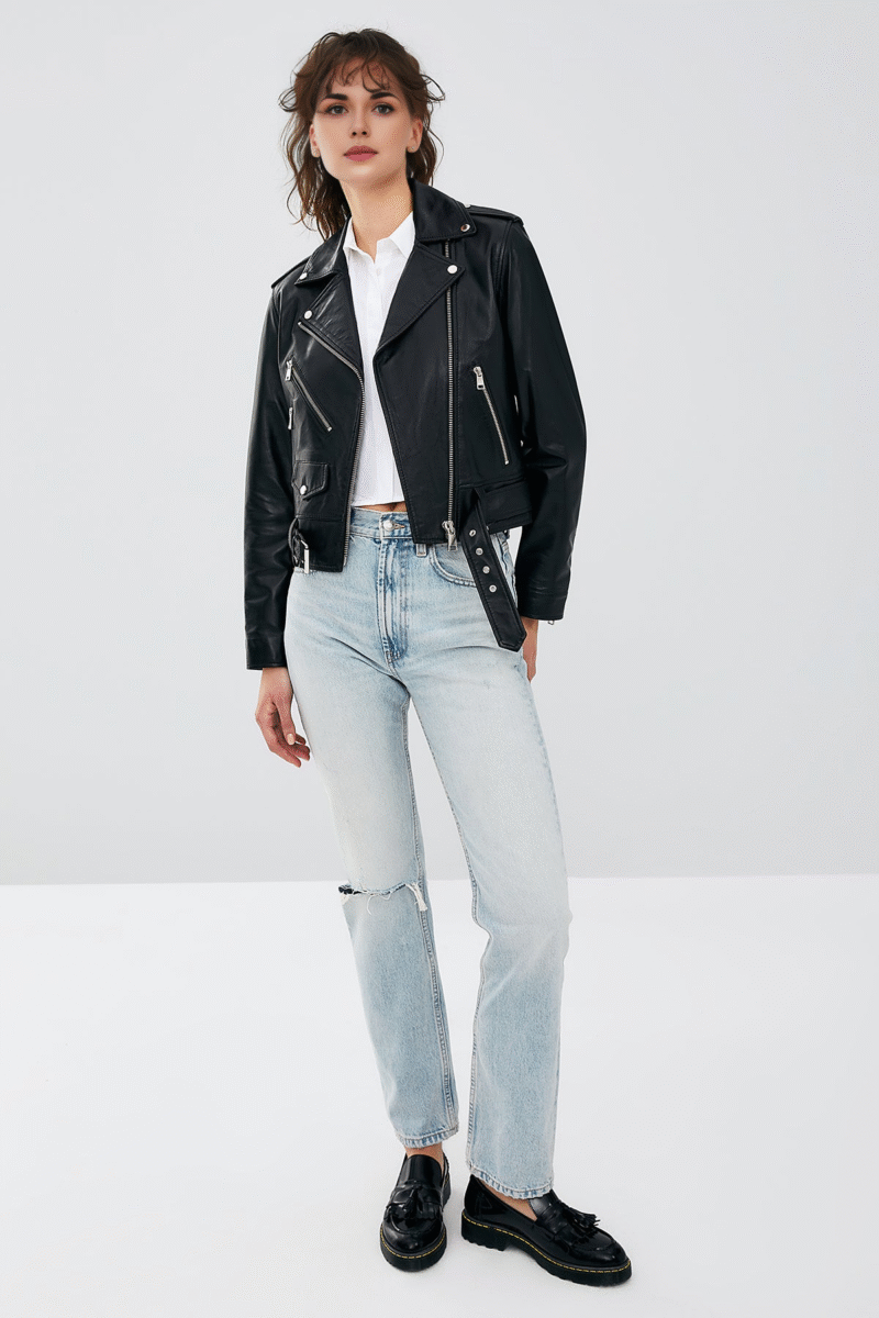 Women's Black Slim-Fit Biker Jacket