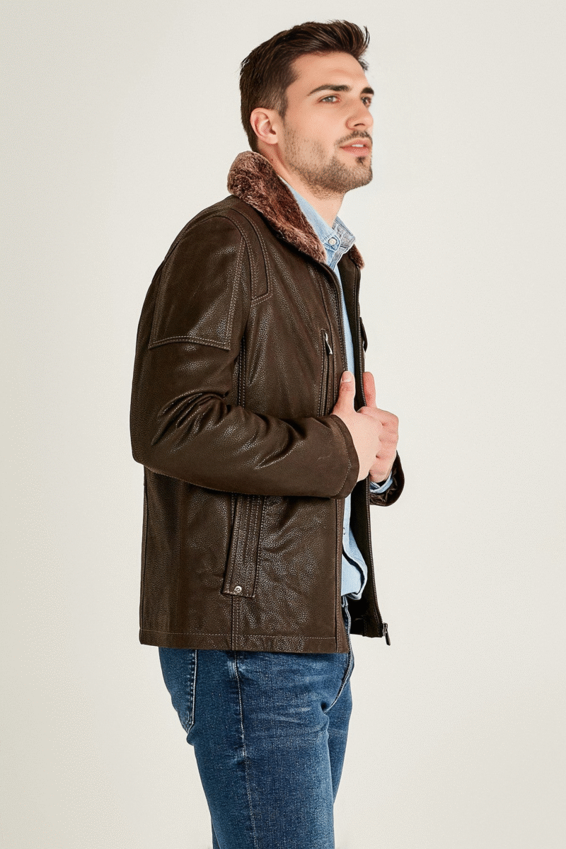 Angelo Men's Brown Fur Collar Leather Jacket - Image 2