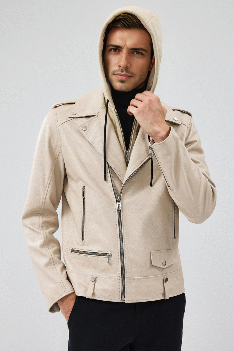 Butler Men's Beige Hooded Biker Leather Jacket - Image 2