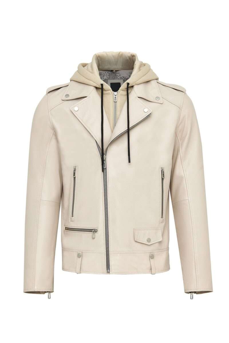 Butler Men's Beige Hooded Biker Leather Jacket - Image 4