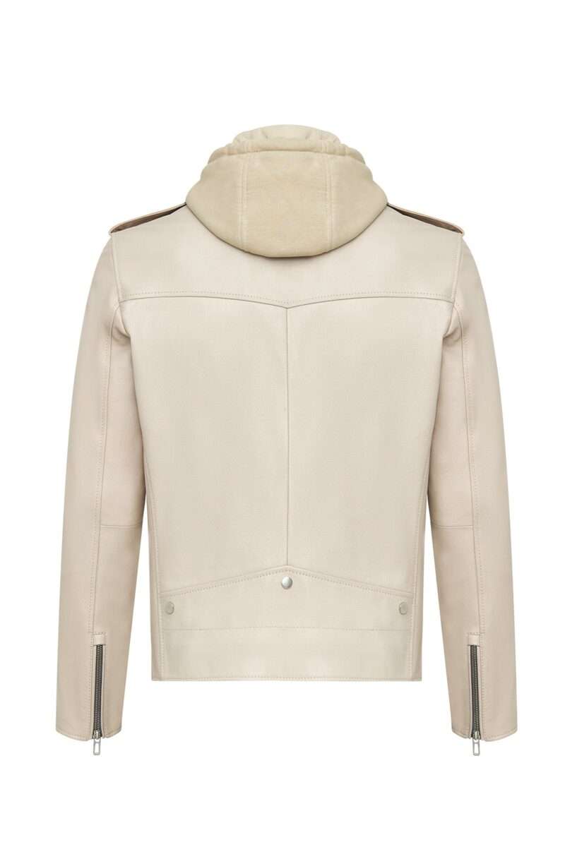 Butler Men's Beige Hooded Biker Leather Jacket - Image 5