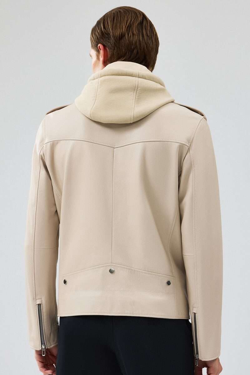 Butler Men's Beige Hooded Biker Leather Jacket - Image 3
