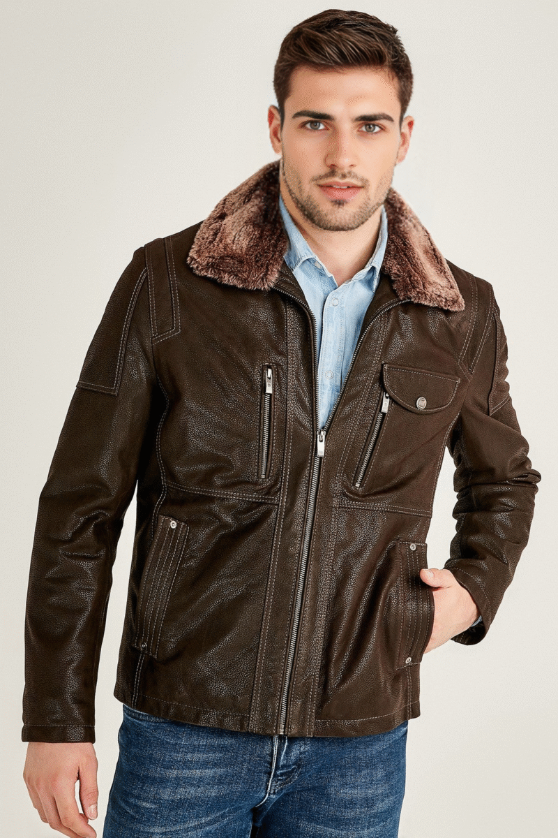 Angelo Men's Brown Fur Collar Leather Jacket - Image 3