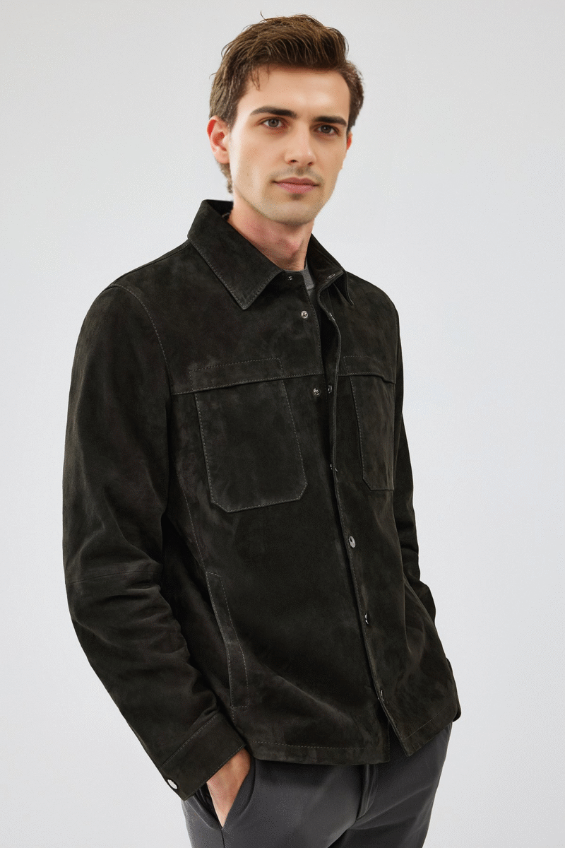 Enzo Men's Anthracite Shirt Collar Suede Leather Jacket - Image 2