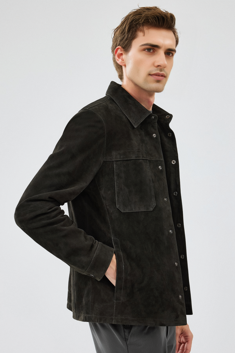 Enzo Men's Anthracite Shirt Collar Suede Leather Jacket - Image 3