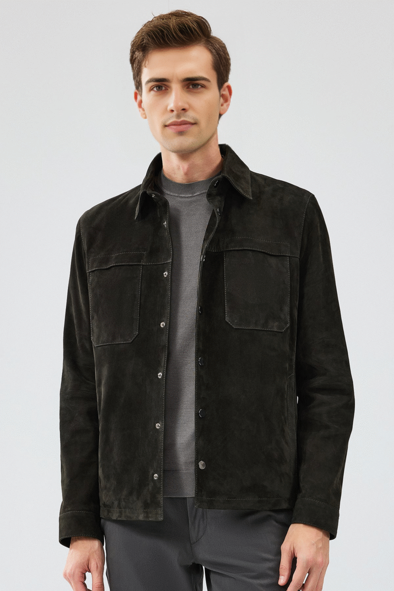 Enzo Men's Anthracite Shirt Collar Suede Leather Jacket - Image 4