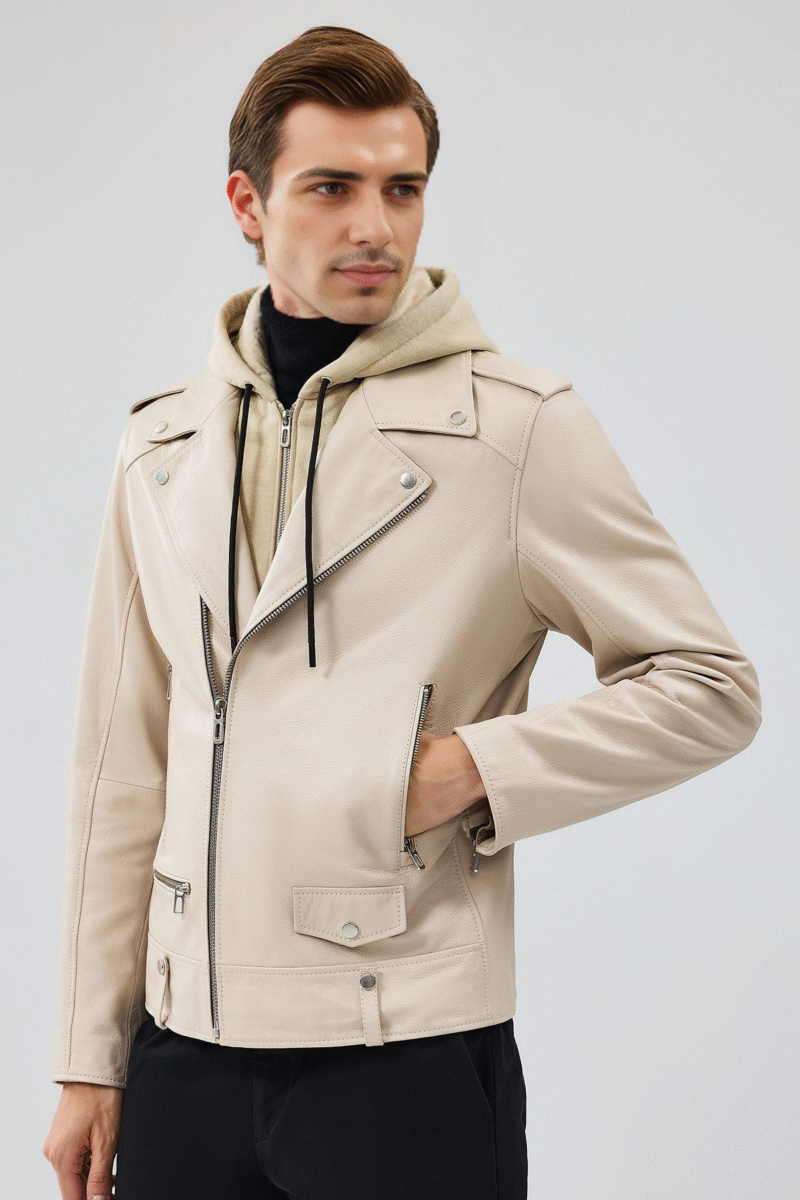 Butler Men's Beige Hooded Biker Leather Jacket - Image 7