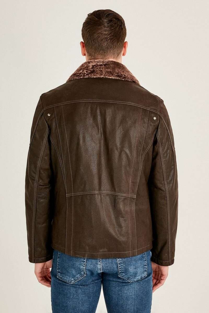 Angelo Men's Brown Fur Collar Leather Jacket - Image 4