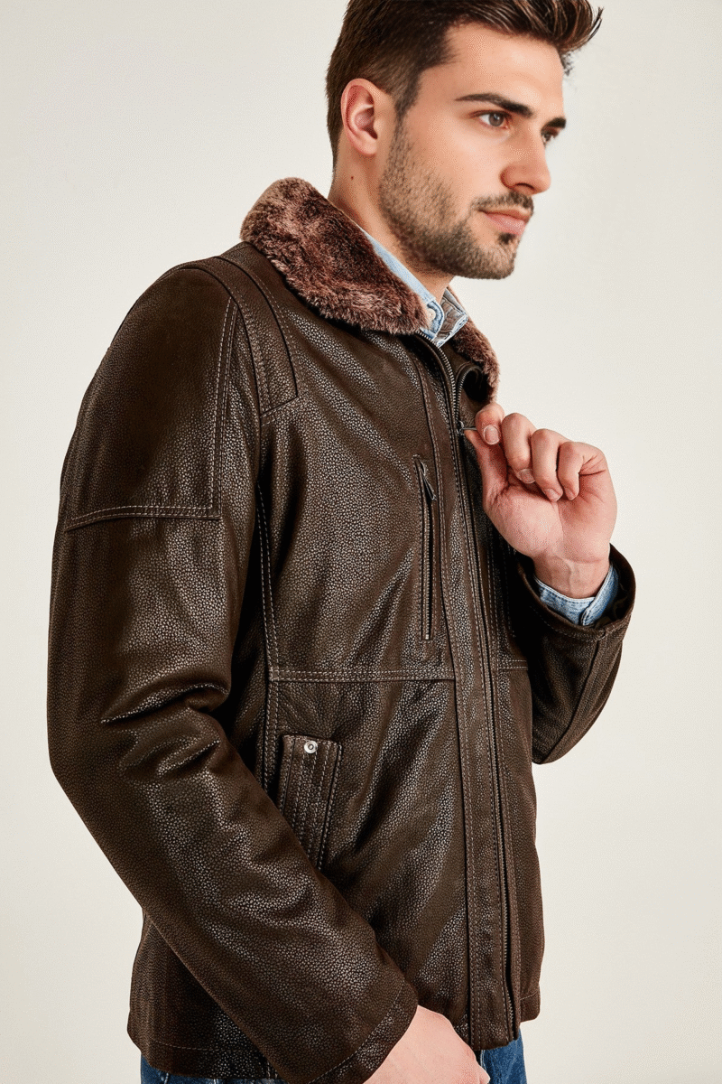 Angelo Men's Brown Fur Collar Leather Jacket - Image 5