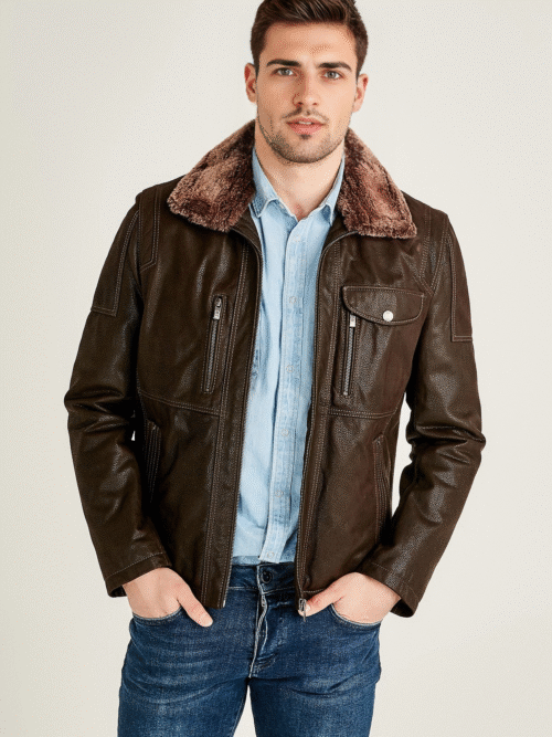 Men's Brown Fur Collar Leather Jacket