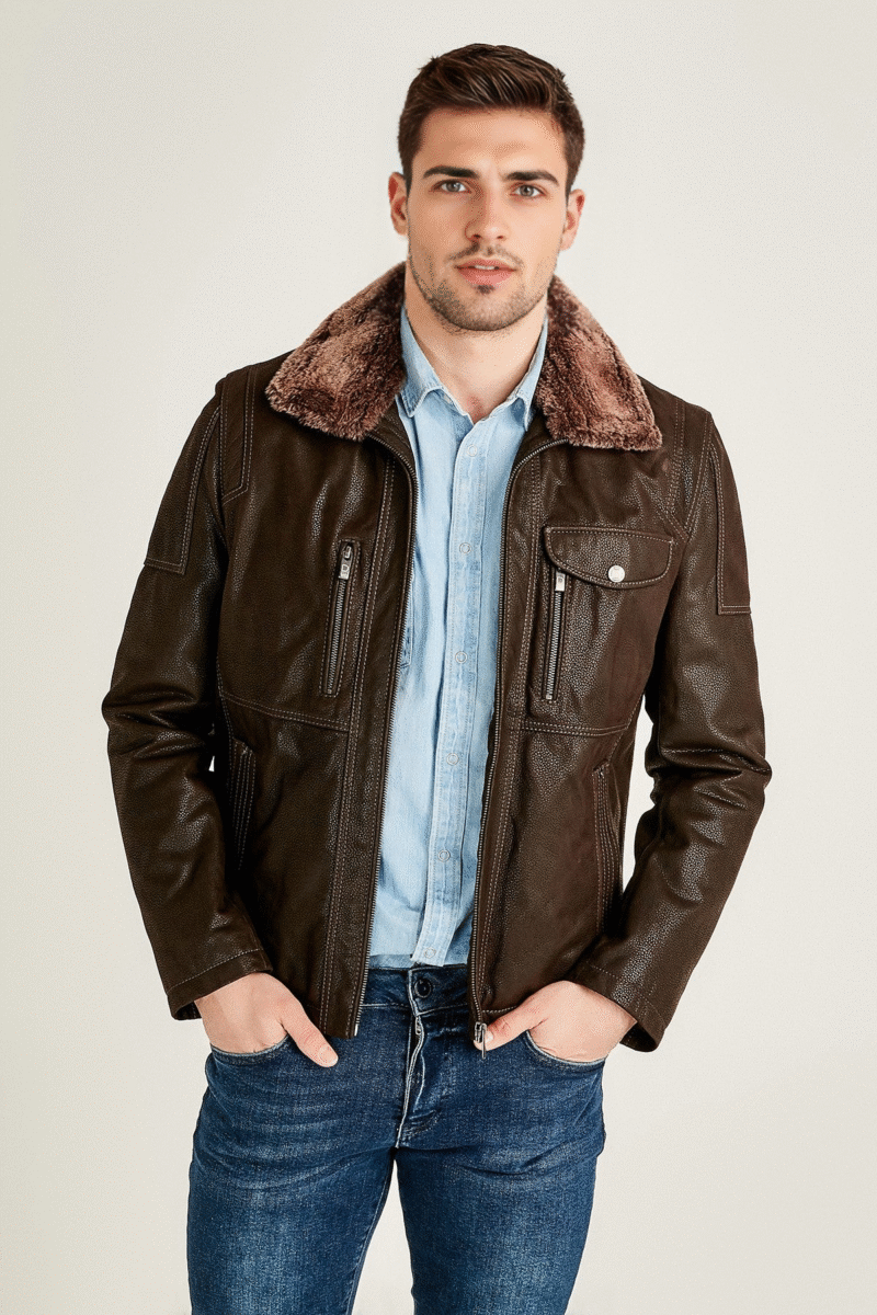 Men's Brown Fur Collar Leather Jacket