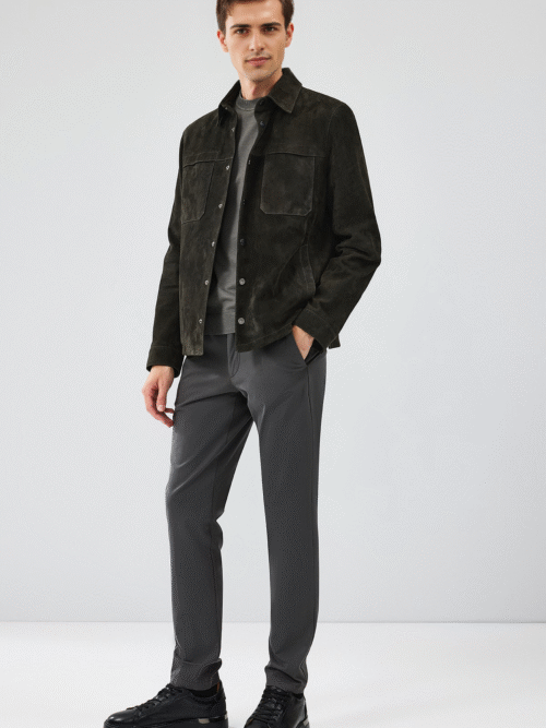 Men's Anthracite Shirt Collar Suede Leather Jacket