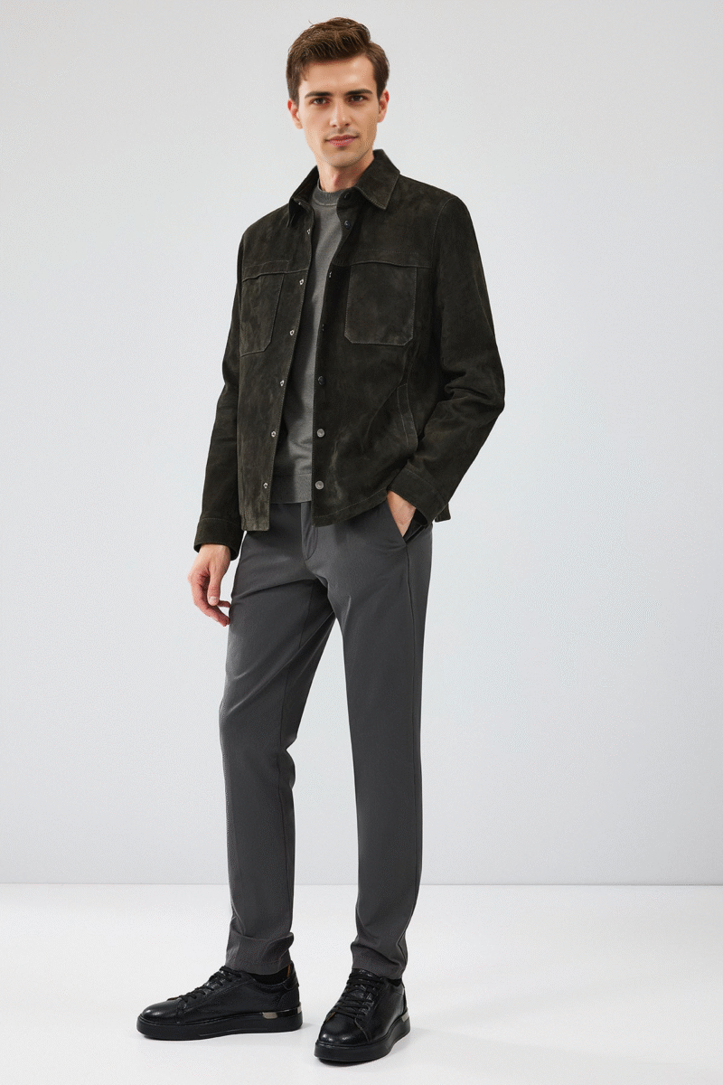 Men's Anthracite Shirt Collar Suede Leather Jacket
