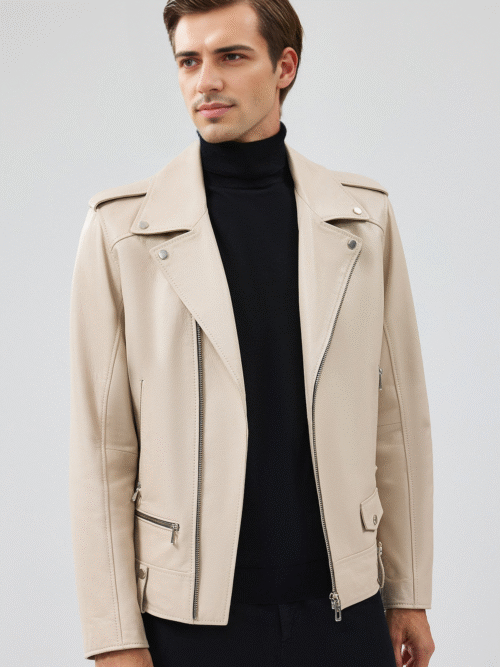Men's Beige Hooded Biker Leather Jacket
