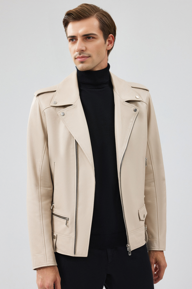 Men's Beige Hooded Biker Leather Jacket