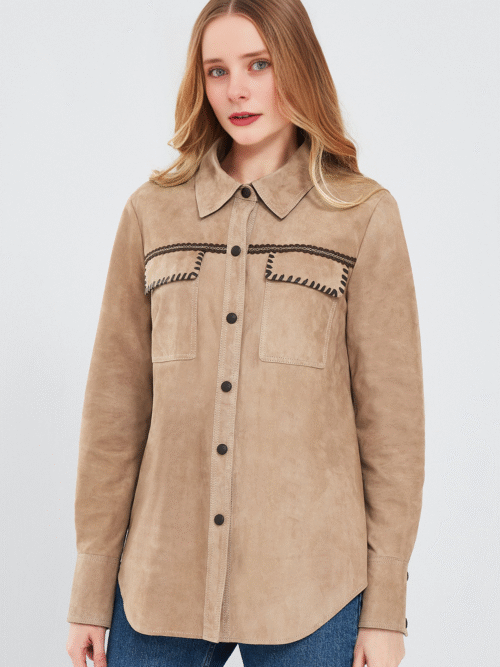Women's Beige Shirt Style Suede Leather Jacket