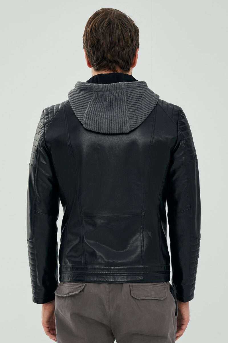 Danger Black Men's Hooded Sport Leather Jacket - Image 2