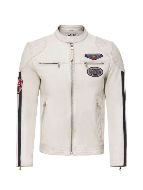 Men's White Slim-Fit Leather Jacket with Emblem
